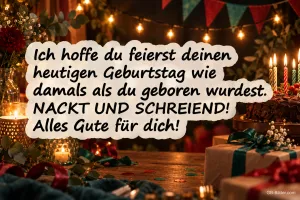 Festlicher Tisch mit Geschenken und Kerzen, lustiger Geburtstagsspruch: Nackt und schreiend!
