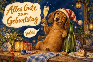 Dackel mit Sektglas, lustiger Text: Alles Gute zum Geburtstag – Hicks!
