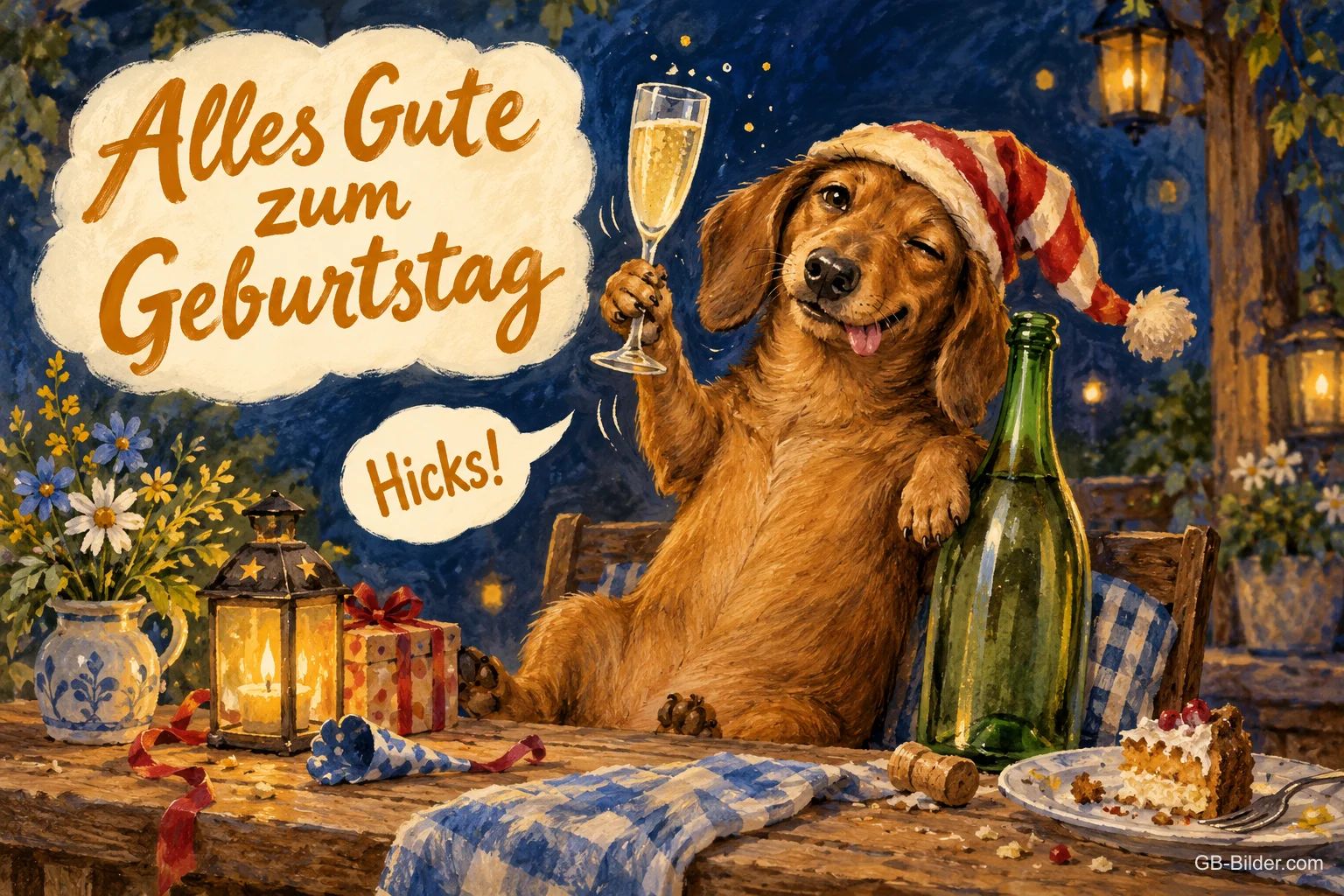 Dackel mit Sektglas, lustiger Text: Alles Gute zum Geburtstag – Hicks!