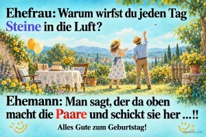 Paar im Garten an der Geburtstagstafel, lustiger Ehe-Witz, Alles Gute zum Geburtstag!