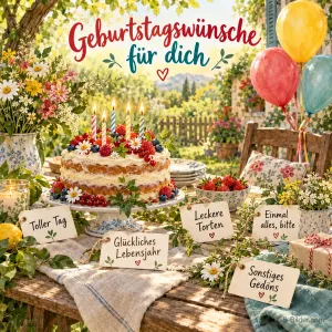 Geburtstagstorte im Garten mit Wunschkärtchen, Text: Geburtstagswünsche für dich