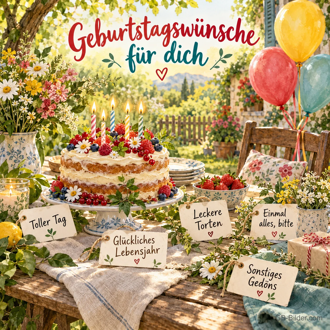 Geburtstagstorte im Garten mit Wunschkärtchen, Text: Geburtstagswünsche für dich