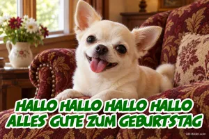 Grinsender Chihuahua im Sessel, Text: Hallo Hallo Hallo Hallo, Alles Gute zum Geburtstag