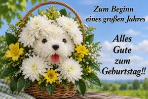 Blumenhund aus Chrysanthemen im Korb, Text: Alles Gute zum Geburtstag!