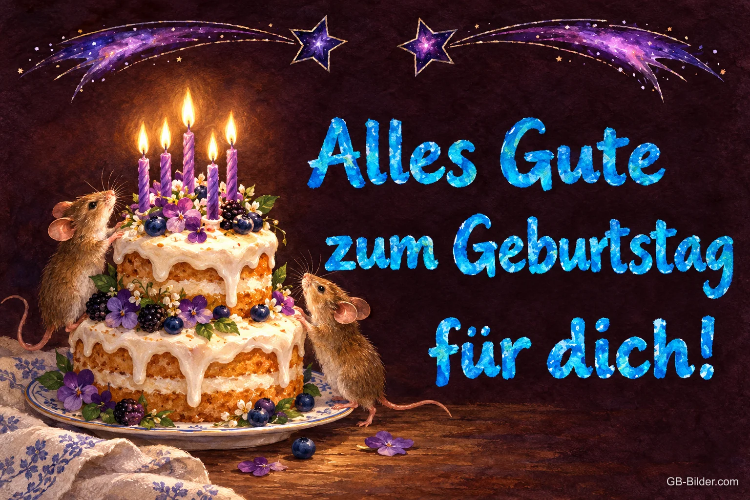 Mäuse an einer Geburtstagstorte, Text: Alles Gute zum Geburtstag für dich!