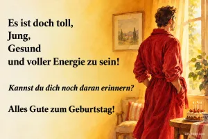 Mann im Bademantel am Fenster, lustiger Geburtstagsspruch: Kannst du dich noch daran erinnern?