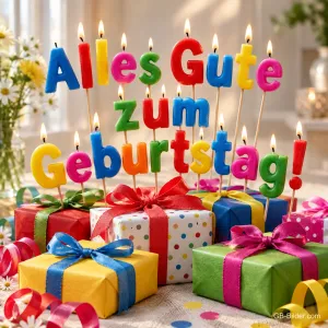 Kerzenbuchstaben über Geschenken, Text: Alles Gute zum Geburtstag