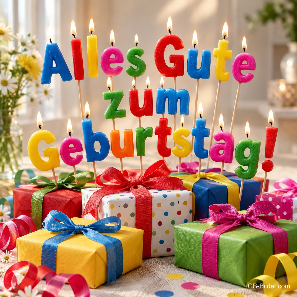 Kerzenbuchstaben über Geschenken, Text: Alles Gute zum Geburtstag