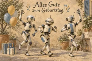 Tanzende Roboter mit Luftballons, Text: Alles Gute zum Geburtstag!
