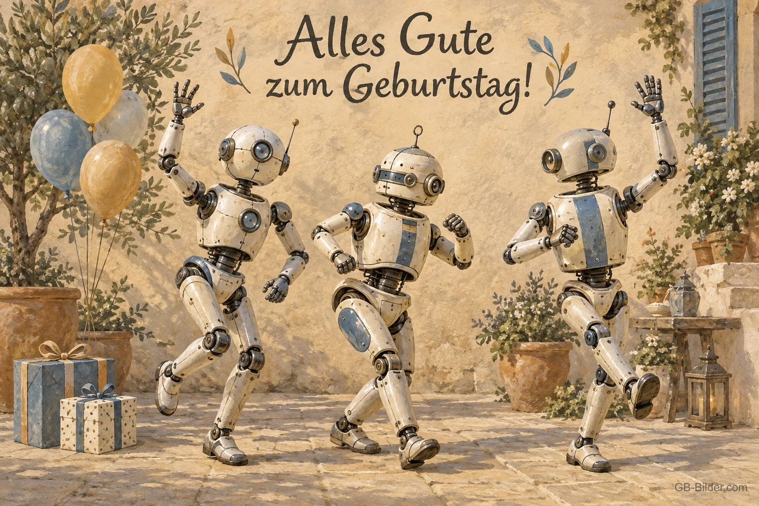 Tanzende Roboter mit Luftballons, Text: Alles Gute zum Geburtstag!