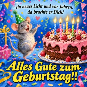 Fröhliche Maus mit Partyhut neben einer Torte mit brennenden Kerzen und Konfetti, Text: ein neues Licht und vor Jahren, da brachte er Dich! Alles Gute zum Geburtstag!!