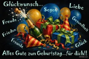 Sekt und Geschenke, Text: Glückwunsch, Alles Gute zum Geburtstag für dich!