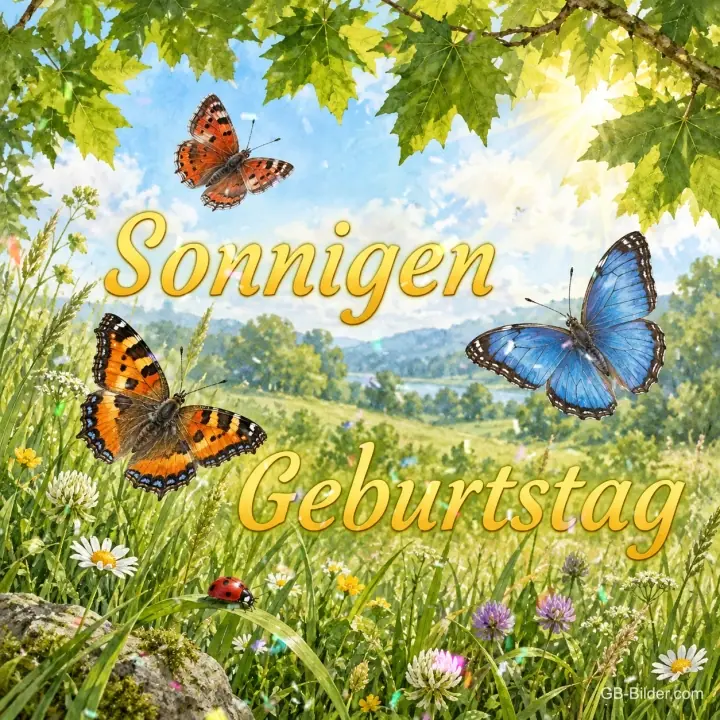 Schmetterlinge und Marienkäfer auf einer sonnigen Wiese, Text: Sonnigen Geburtstag