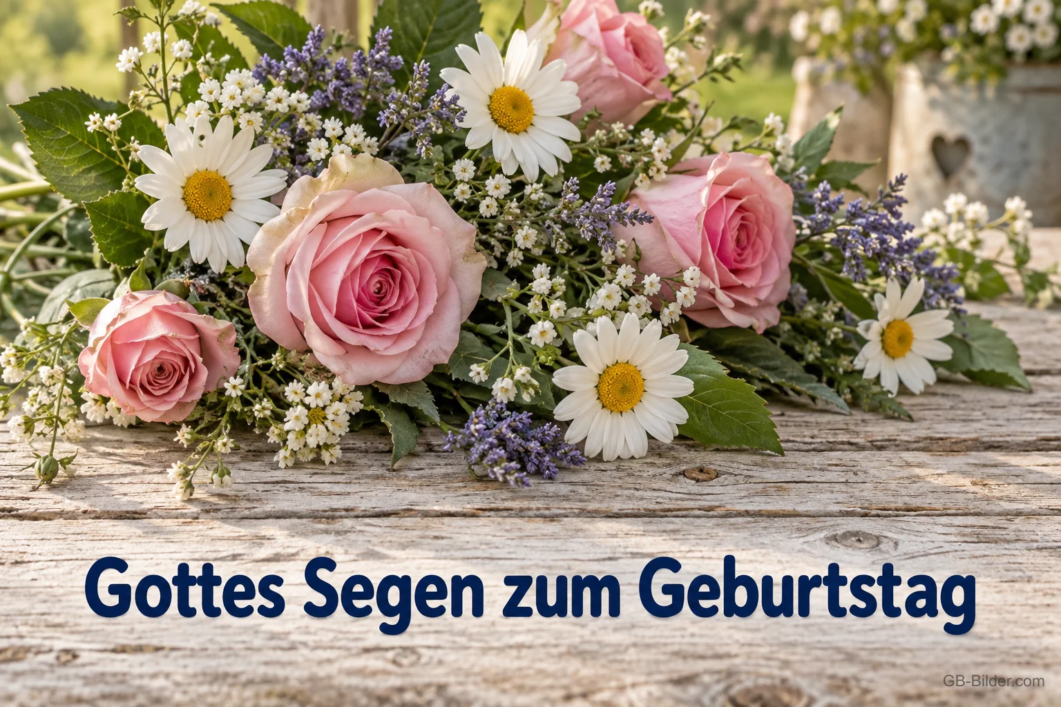 Rosa Rosen, Margeriten und Lavendel auf einem Holztisch, Text: Gottes Segen zum Geburtstag