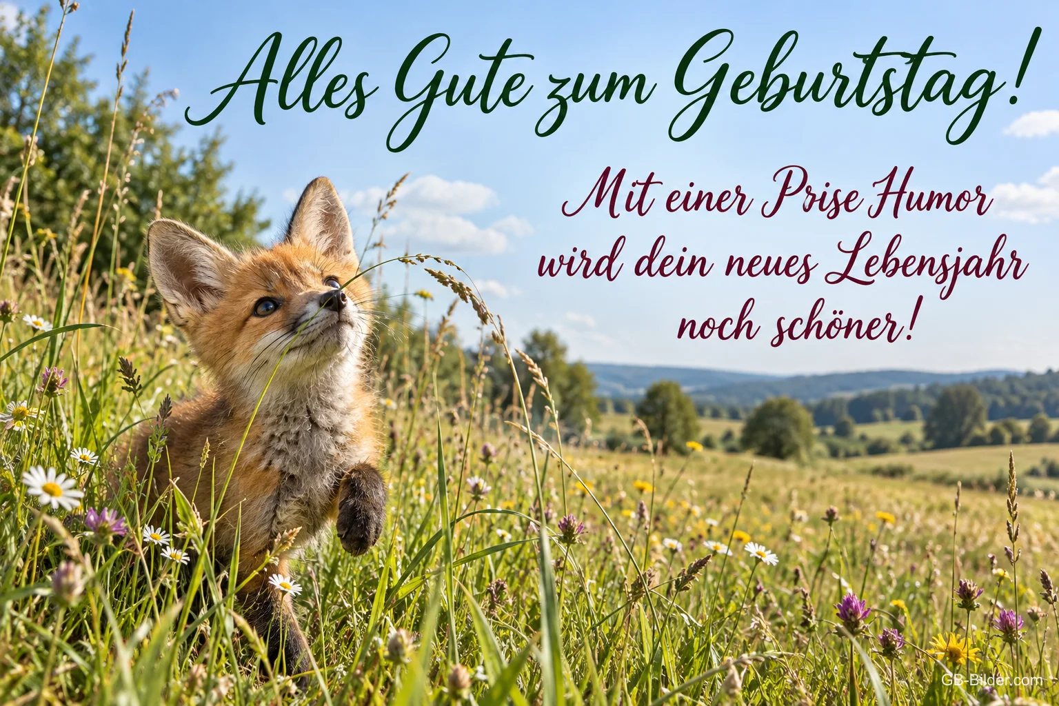 Fuchswelpe steht neugierig in einer Sommerwiese, Text: Alles Gute zum Geburtstag! – Mit einer Prise Humor wird dein neues Lebensjahr noch schöner!