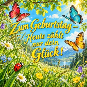 Bunte Schmetterlinge und Marienkäfer über einer Bergwiese, Text: Zum Geburtstag – Heute zählt nur dein Glück!