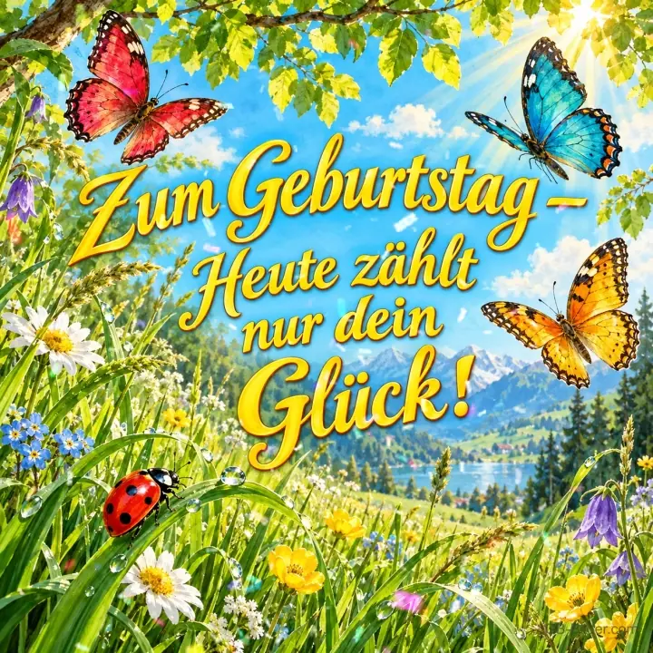 Bunte Schmetterlinge und Marienkäfer über einer Bergwiese, Text: Zum Geburtstag – Heute zählt nur dein Glück!