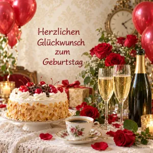 Torte mit Kirschen, Sekt, rote Rosen und Luftballons, Text: Herzlichen Glückwunsch zum Geburtstag