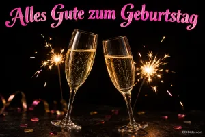 Zwei Sektgläser stoßen an zwischen Wunderkerzen, Text: Alles Gute zum Geburtstag