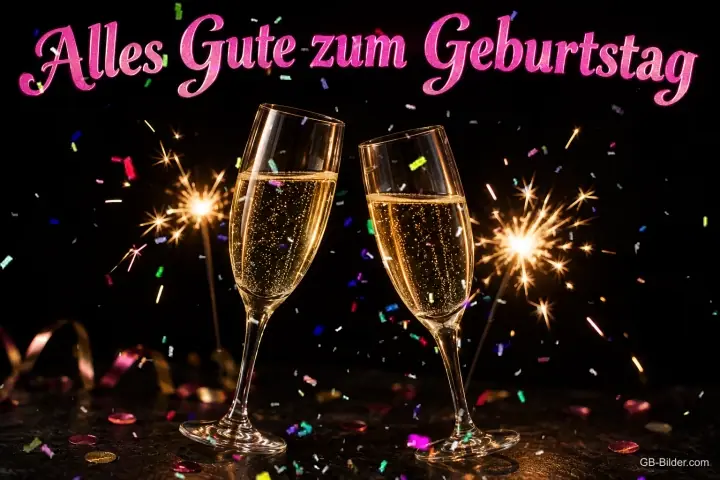 Zwei Sektgläser stoßen an zwischen Wunderkerzen, Text: Alles Gute zum Geburtstag
