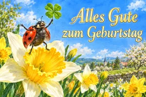 Marienkäfer mit vierblättrigem Kleeblatt auf einer Narzisse, Text: Alles Gute zum Geburtstag