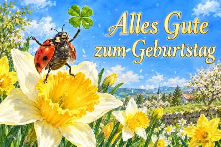 Marienkäfer mit vierblättrigem Kleeblatt auf einer Narzisse, Text: Alles Gute zum Geburtstag