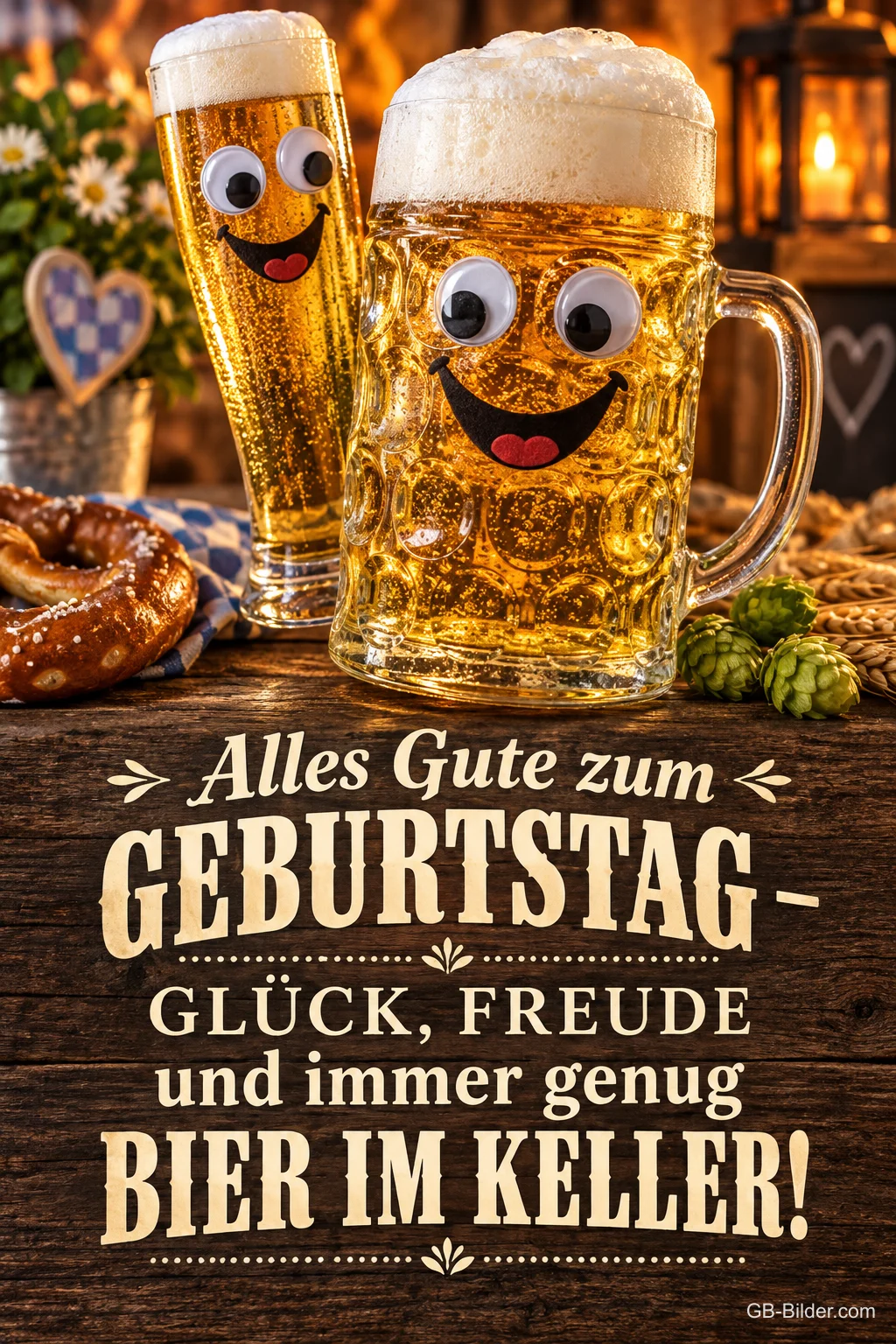 Zwei Biergläser mit Wackelaugen lachen neben einer Brezel, Text: Alles Gute zum GEBURTSTAG – GLÜCK, FREUDE und immer genug BIER IM KELLER!