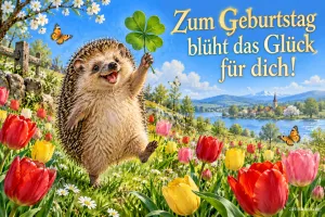 Lachender Igel trägt ein vierblättriges Kleeblatt durch eine Tulpenwiese, Text: Zum Geburtstag blüht das Glück für dich!