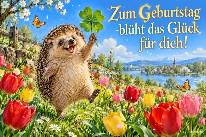 Lachender Igel trägt ein vierblättriges Kleeblatt durch eine Tulpenwiese, Text: Zum Geburtstag blüht das Glück für dich!