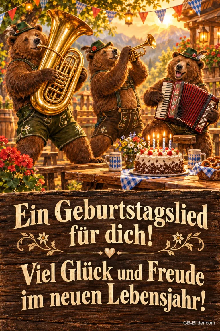Drei Bären spielen Tuba, Trompete und Akkordeon im Biergarten neben einer Geburtstagstorte, Text: Ein Geburtstagslied für dich! Viel Glück und Freude im neuen Lebensjahr!