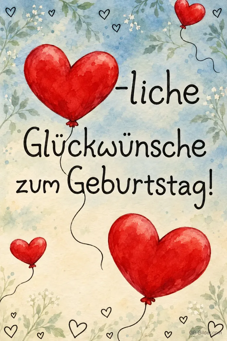Rote Herzballons auf hellem Hintergrund, Text: Herzliche Glückwünsche zum Geburtstag!