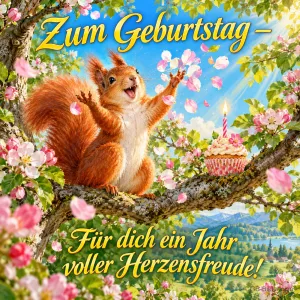 Eichhörnchen wirft Blütenblätter im blühenden Apfelbaum, Cupcake mit Kerze, Text: Zum Geburtstag – Für dich ein Jahr voller Herzensfreude!