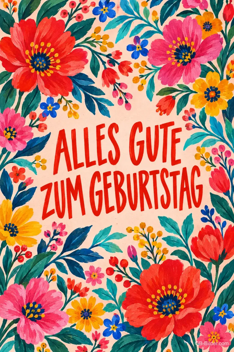 Bunte gemalte Blumen rund um die Schrift, Text: ALLES GUTE ZUM GEBURTSTAG
