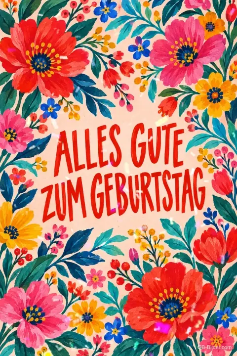 Bunte gemalte Blumen rund um die Schrift, Text: ALLES GUTE ZUM GEBURTSTAG