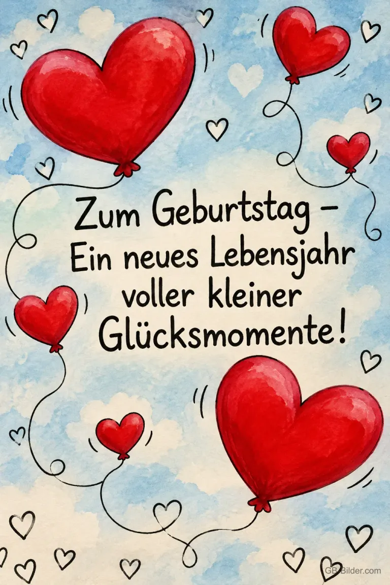 Rote Herzluftballons vor Himmelblau, Text: Zum Geburtstag – Ein neues Lebensjahr voller kleiner Glücksmomente!