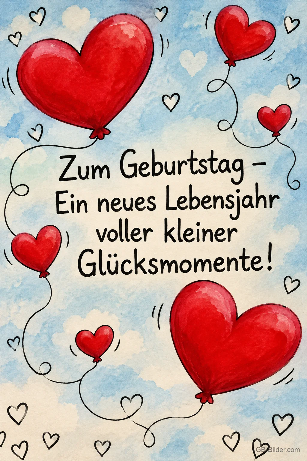 Rote Herzluftballons vor Himmelblau, Text: Zum Geburtstag – Ein neues Lebensjahr voller kleiner Glücksmomente!
