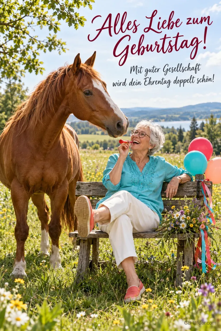 Lachende ältere Dame mit Tröte auf einer Bank, daneben ein Pferd, Text: Alles Liebe zum Geburtstag! – Mit guter Gesellschaft wird dein Ehrentag doppelt schön!