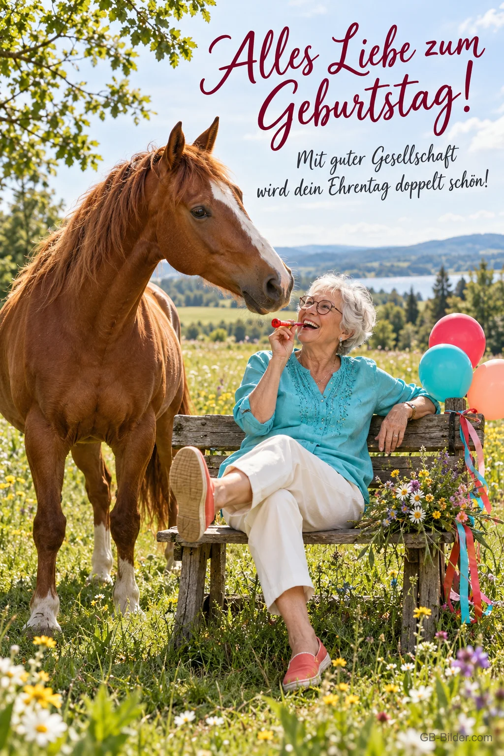 Lachende ältere Dame mit Tröte auf einer Bank, daneben ein Pferd, Text: Alles Liebe zum Geburtstag! – Mit guter Gesellschaft wird dein Ehrentag doppelt schön!