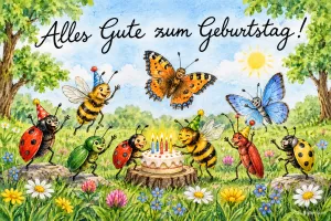 Marienkäfer, Bienen und Schmetterlinge mit Partyhüten feiern um eine Torte, Text: Alles Gute zum Geburtstag!