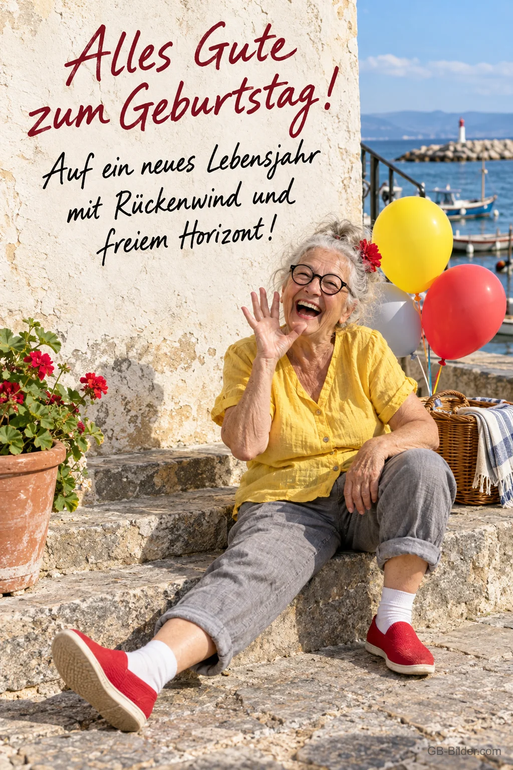 Lachende ältere Dame mit Brille sitzt auf Stufen am Hafen, Luftballons, Text: Alles Gute zum Geburtstag! Auf ein neues Lebensjahr mit Rückenwind und freiem Horizont!