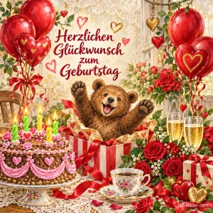 Bär jubelt aus einem Geschenkkarton neben Geburtstagstorte und roten Luftballons, Text: Herzlichen Glückwunsch zum Geburtstag