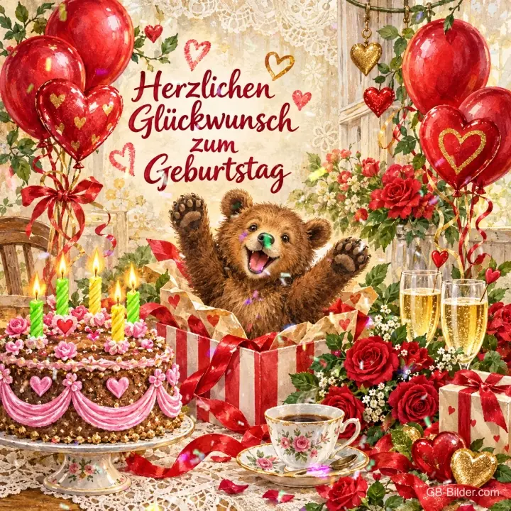 Bär jubelt aus einem Geschenkkarton neben Geburtstagstorte und roten Luftballons, Text: Herzlichen Glückwunsch zum Geburtstag