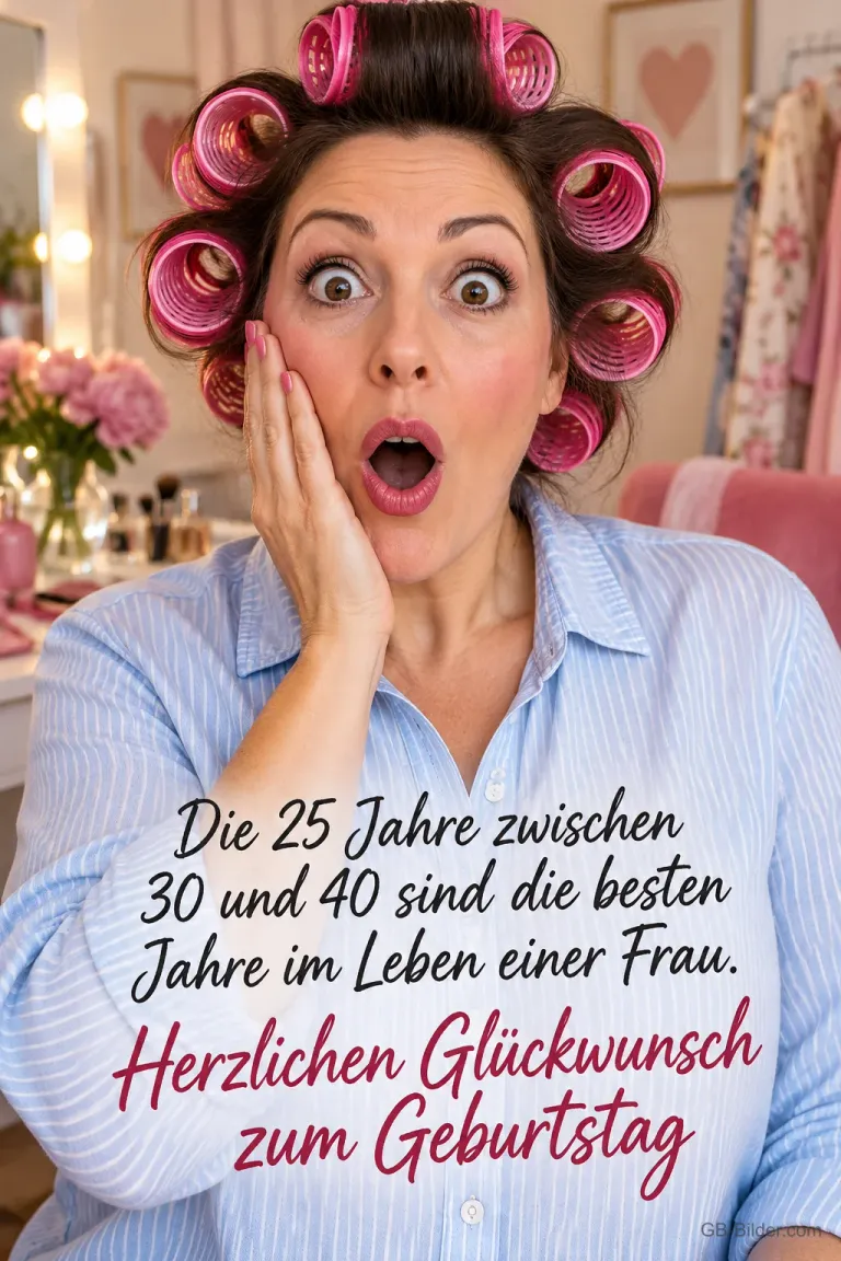 Frau mit rosa Lockenwicklern schaut erstaunt mit offenem Mund, Text: Die 25 Jahre zwischen 30 und 40 sind die besten Jahre im Leben einer Frau. Herzlichen Glückwunsch zum Geburtstag