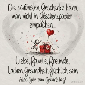 Gezeichnetes Strichmännchen neben einem roten Geschenk mit Herzballon, Text: Die schönsten Geschenke kann man nicht in Geschenkpapier einpacken… Liebe, Familie, Freunde, Lachen, Gesundheit, glücklich sein. Alles Gute zum Geburtstag!