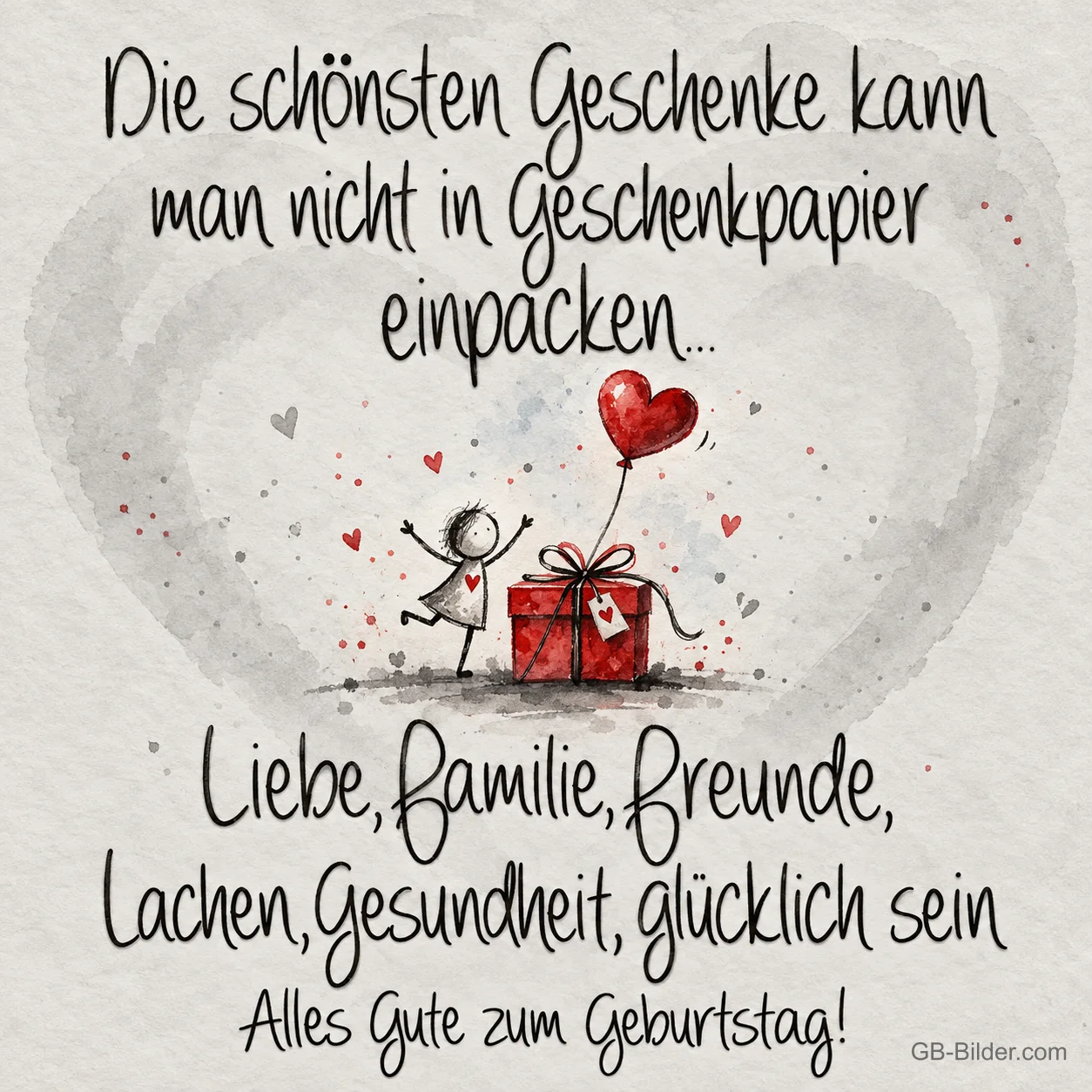 Gezeichnetes Strichmännchen neben einem roten Geschenk mit Herzballon, Text: Die schönsten Geschenke kann man nicht in Geschenkpapier einpacken… Liebe, Familie, Freunde, Lachen, Gesundheit, glücklich sein. Alles Gute zum Geburtstag!