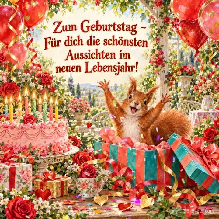 Eichhörnchen jubelt neben Geschenken und einer Torte mit vielen Kerzen, Text: Zum Geburtstag – Für dich die schönsten Aussichten im neuen Lebensjahr!