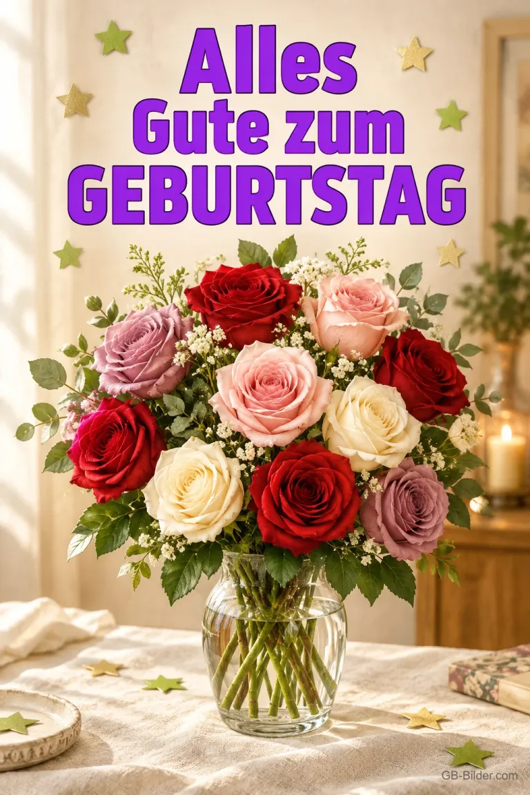 Strauß aus roten, rosa und weißen Rosen in einer Vase, Text: Alles Gute zum GEBURTSTAG