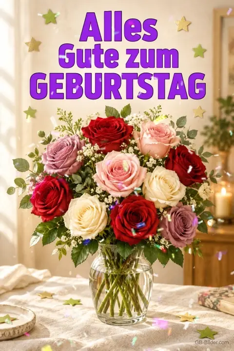 Strauß aus roten, rosa und weißen Rosen in einer Vase, Text: Alles Gute zum GEBURTSTAG