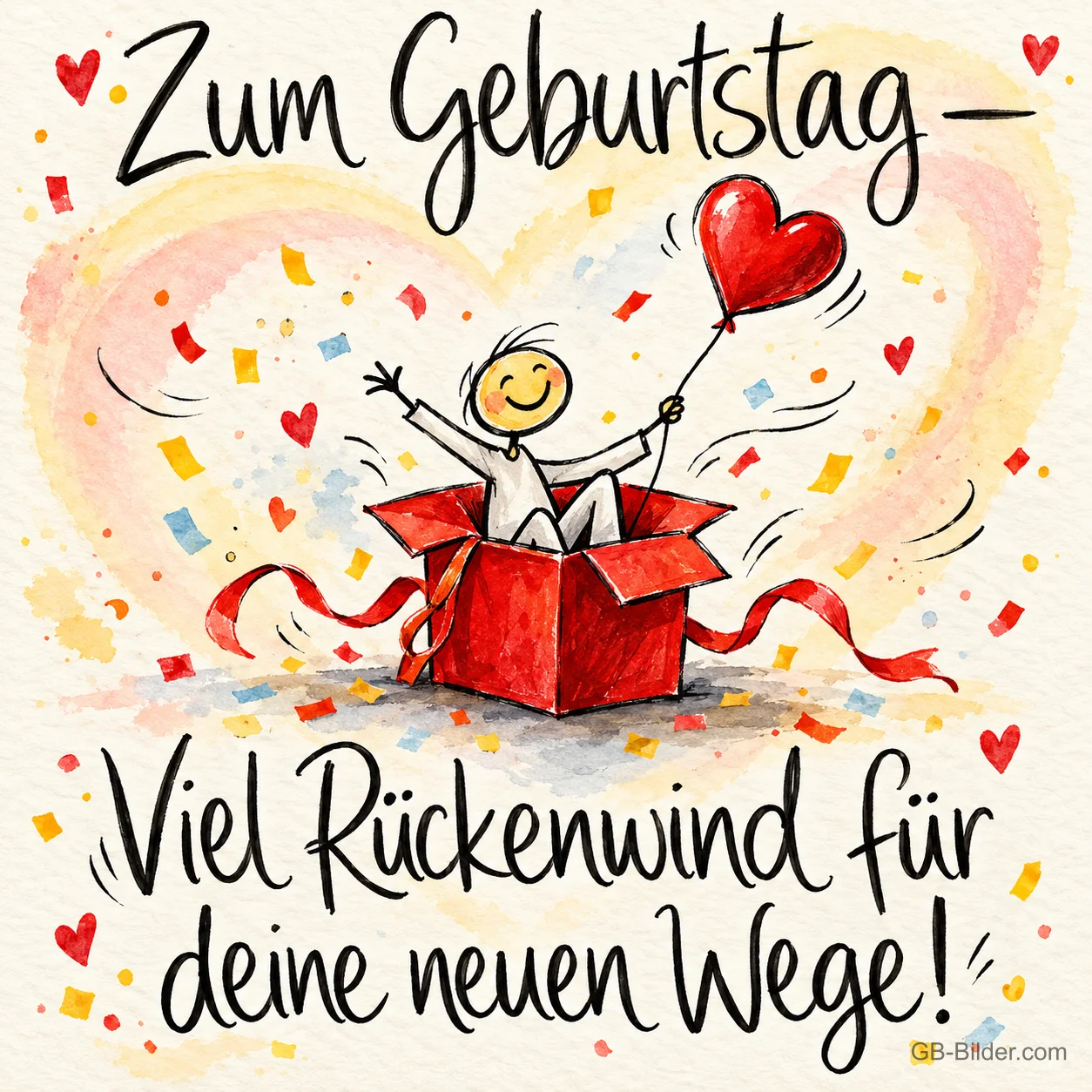 Fröhliches Strichmännchen springt mit Herzballon aus einem roten Geschenkkarton, Text: Zum Geburtstag – Viel Rückenwind für deine neuen Wege!