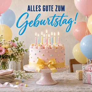 Rosa Geburtstagstorte mit Kerzen zwischen Luftballons, Text: ALLES GUTE ZUM Geburtstag!